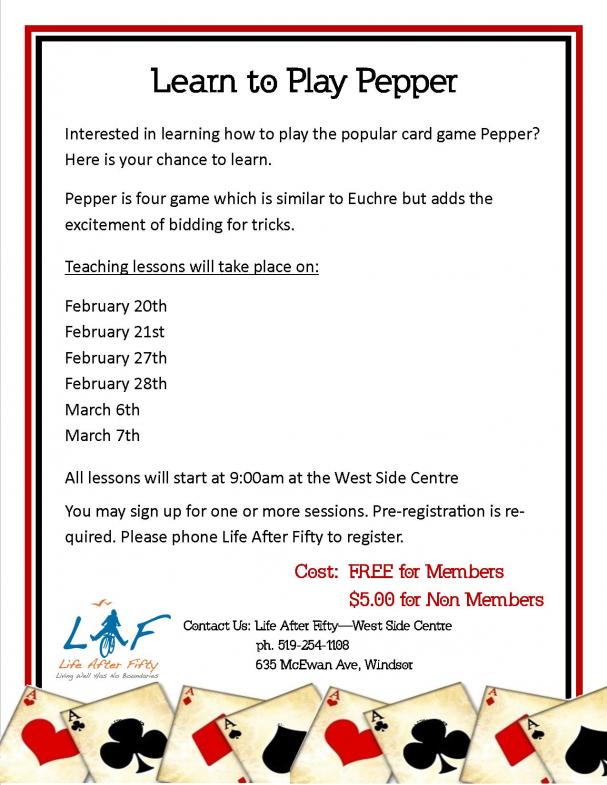 Learn to Play Pepper - Feb 28 (Multiple Workshops) WEST SIDE CENTRE